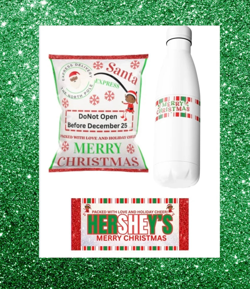 Christmas Party Favor Bundle – Instant Download (Chip Bag, Water Bottle Label & Hershey Wrapper)