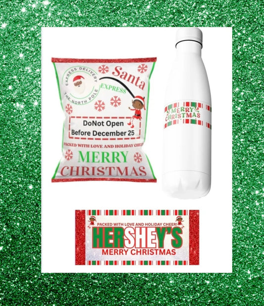Christmas Party Favor Bundle – Instant Download (Chip Bag, Water Bottle Label & Hershey Wrapper)